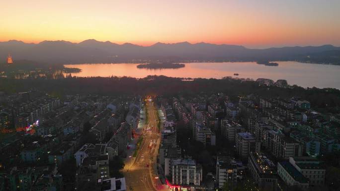 杭州西湖景区吴山广场夜晚夜景美景航拍