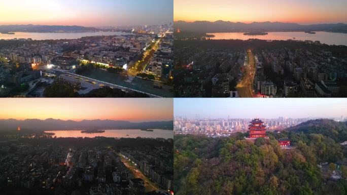 杭州西湖景区吴山广场夜晚夜景美景航拍