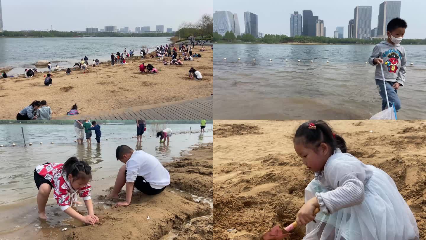 小孩河边玩耍 捞鱼 挖砂土 堆沙堡