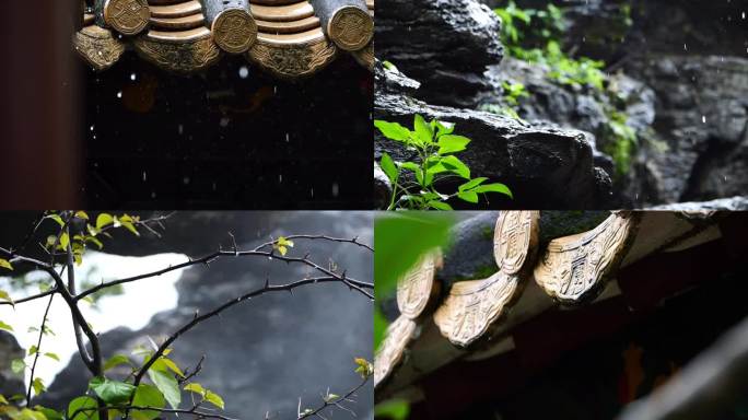 清明，谷雨，公园里仿古建筑屋檐雨滴