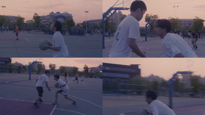 男生傍晚校园打篮球