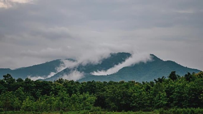 雨停后，云在山上移动。