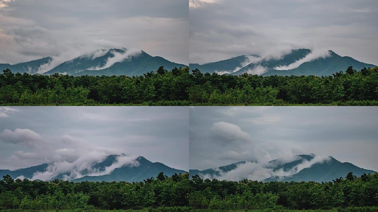 雨停后，云在山上移动。