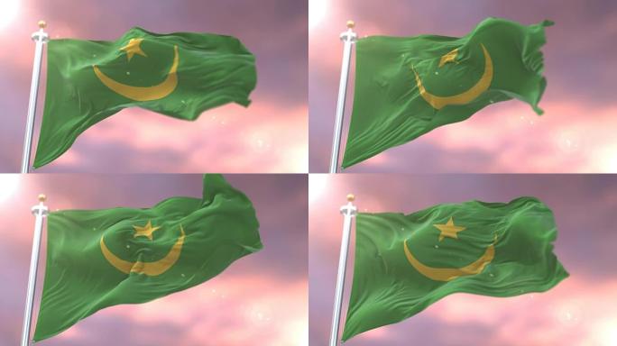 毛里塔尼亚国旗在缓慢的循环中挥舞着蓝天