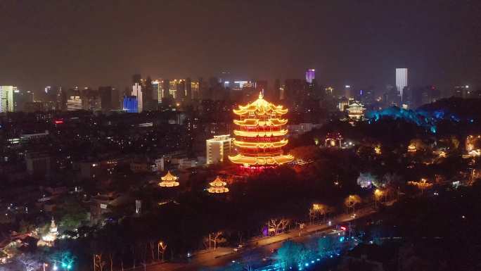 航拍武汉黄鹤楼夜景