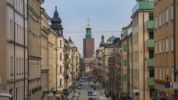 斯德哥尔摩城市天际线时间流逝在斯德哥尔摩市政厅钟楼，瑞典斯德哥尔摩4K时间流逝