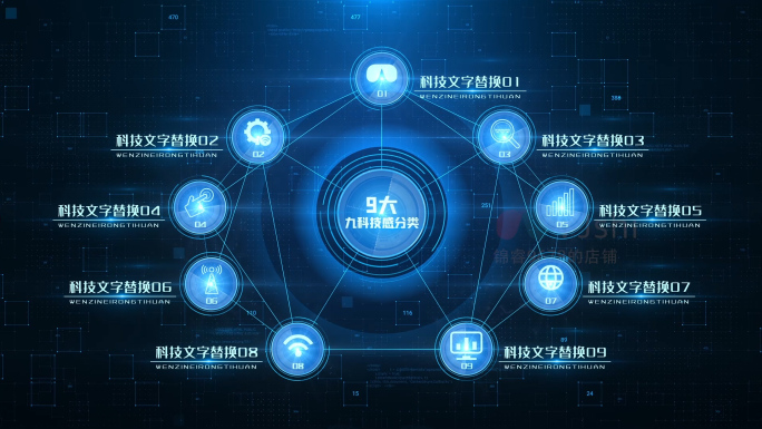9大蓝色科技感分类展示介绍连线分布A模板