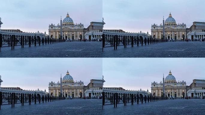 梵蒂冈城圣彼得大教堂黄昏的低角度全景