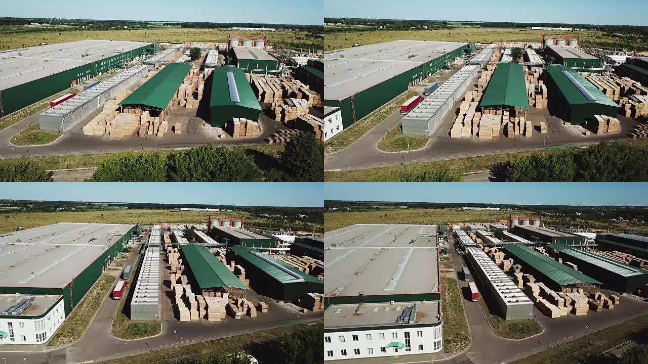大型木材加工厂的鸟瞰图。