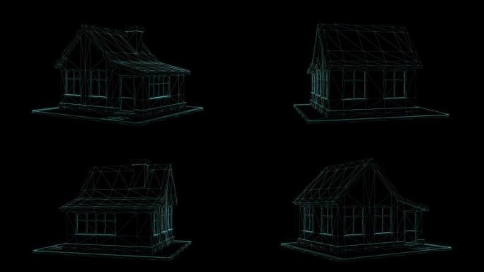 线框房子隔离在黑色背景上。3D渲染旋转无缝循环动画
