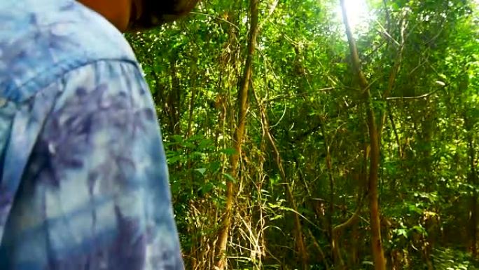 旅行博客或Vlogger的旅行视频使用移动和稳定器工具在雨林或热带森林徒步旅行或徒步旅行期间拍摄视频