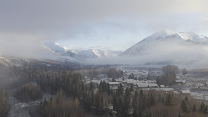 禾木雪景 新疆航拍 喀纳斯 雪山日出