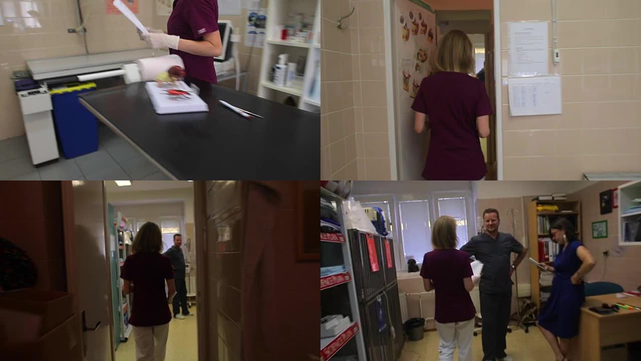 一位年轻的护士拿了一份纸质文件，并将其带到隔壁房间给医生