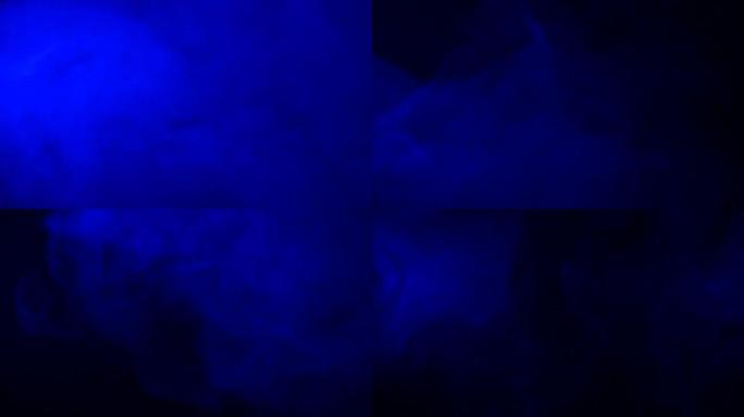 抽象在黑色背景上形成蓝烟状云波效应，流动