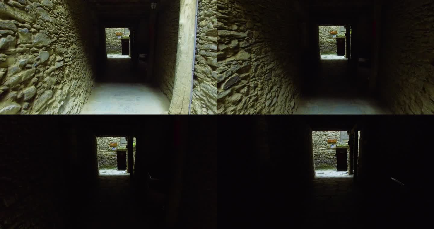 航拍羌寨石屋的门洞和走廊
