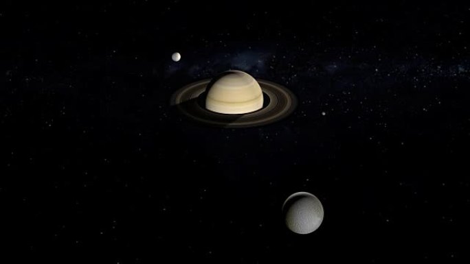 特提斯、米玛斯和土卫二环绕土星行星运行