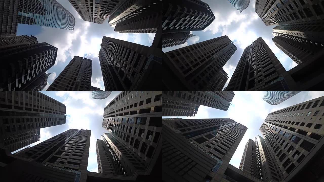 当代建筑。办公楼。城市景观。向上看。在亚洲。用gopro拍摄。