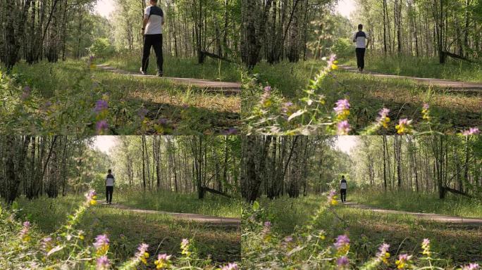 一个中年男子，在树林里进行运动散步。他遵循自己的健康状况，过着正确的生活方式。