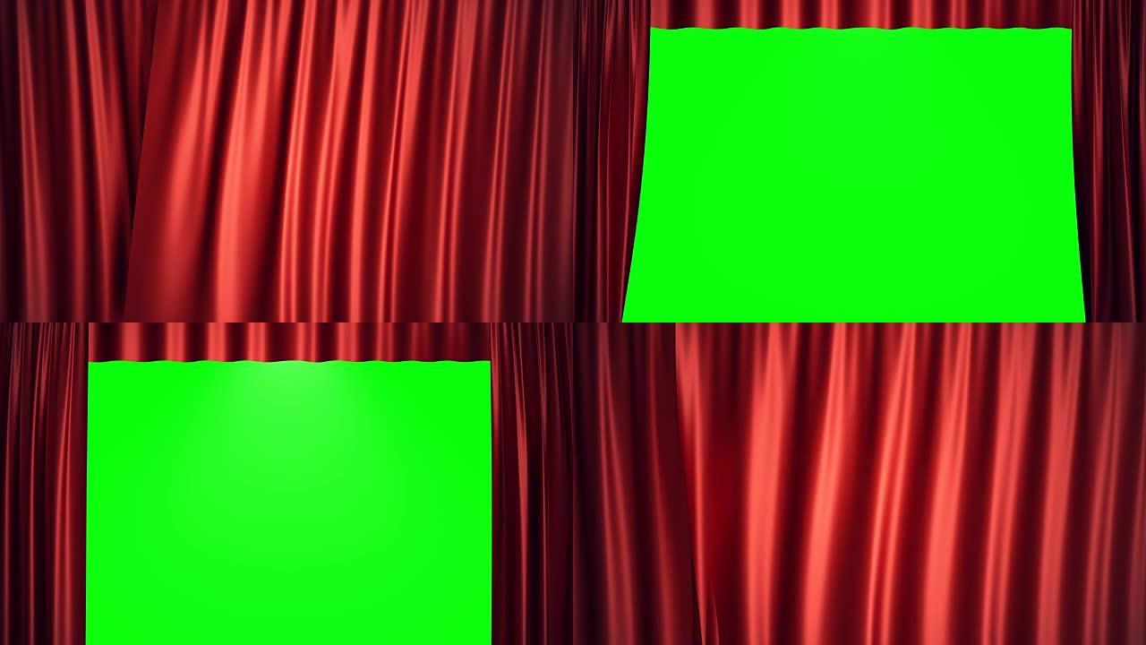 3D渲染动画打开和关闭luxure红色丝绸，窗帘装饰设计。剧院或歌剧场景背景的红色舞台窗帘。设计项目