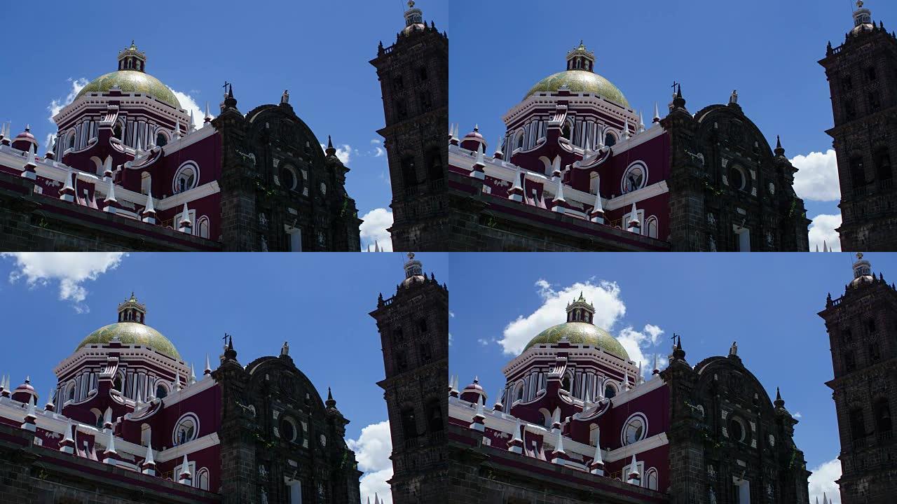 墨西哥普埃布拉圣多明各大教堂顶上圆顶的时间流逝。