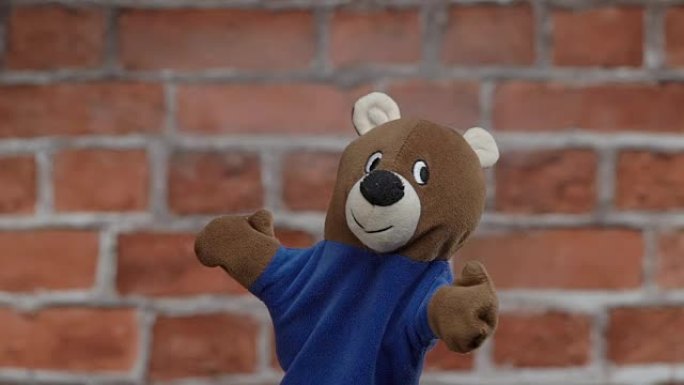 有趣的手套熊在砖墙上