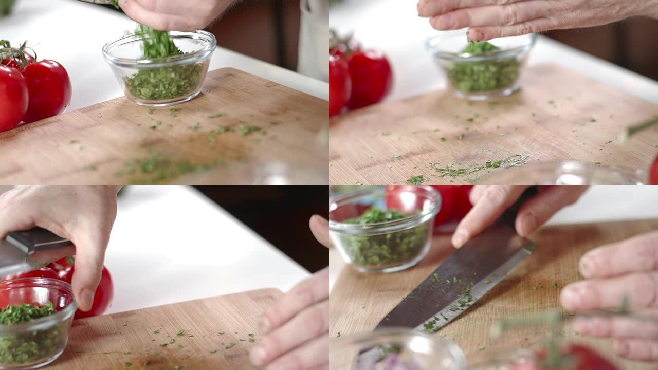厨师用大菜刀捡起切碎的香菜