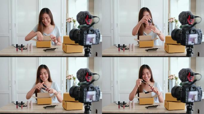 亚洲年轻女性博客在社交媒体概念上在家录制带有化妆化妆品的vlog视频在线影响者。实时流病毒
