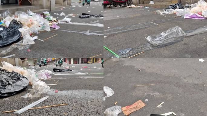 街道垃圾成堆 脏乱差的城市街道地上的垃圾
