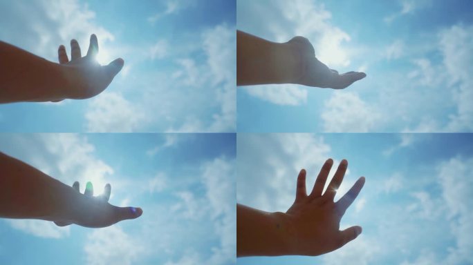 手、天空、阳光、伸手、抚摸