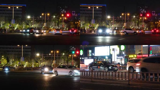 夜晚城市行人过马路汽车车辆车流人流夜景人