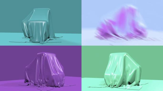 3d动画-蓝色织物掉落并覆盖神秘物体的渲染