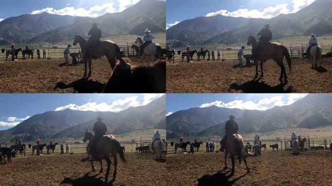 犹他州牛仔骑马并在西部户外为牛仔竞技表演的牛仔竞技表演中标记牲畜的视频