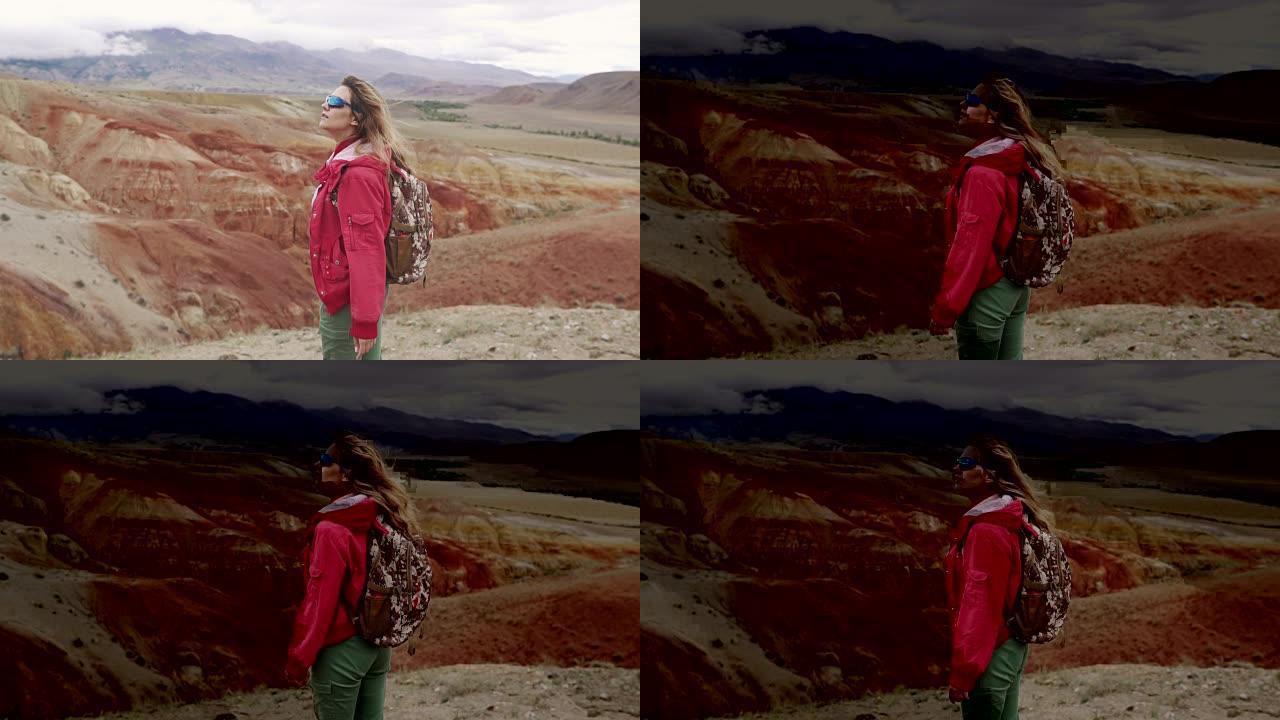 山区旅行者的肖像。火星上的红色山脉和红色地球