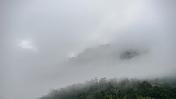 泰国北部下雨后有雾的山景