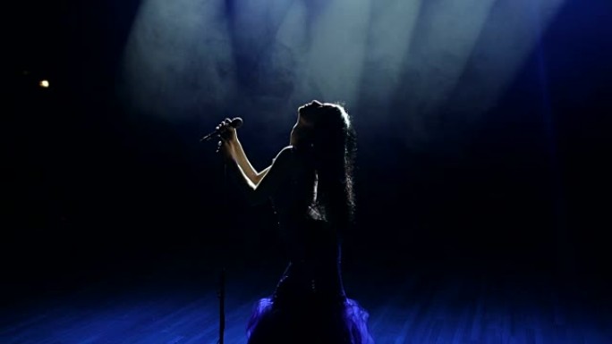 美丽的歌手在黑暗中的舞台上唱歌。