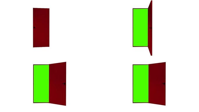 真正的红色门打开并放大白色背景。孤立的绿色屏幕