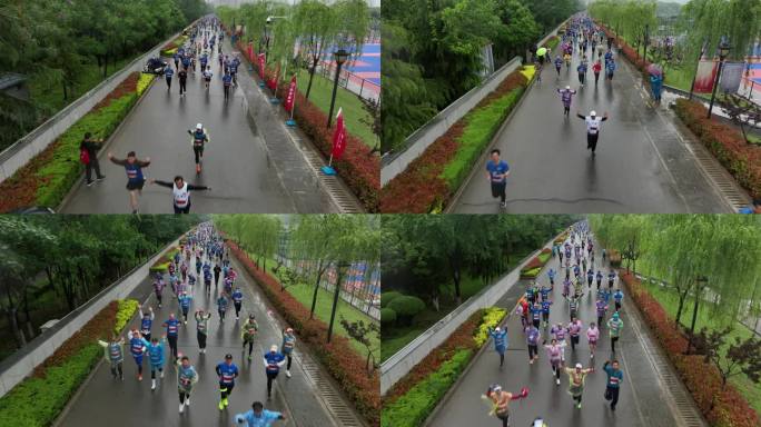雨天迷你马拉松欢呼招手航拍城市欢乐跑