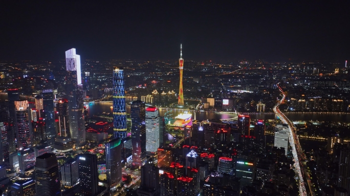 4K航拍广州珠江新城夜景全景