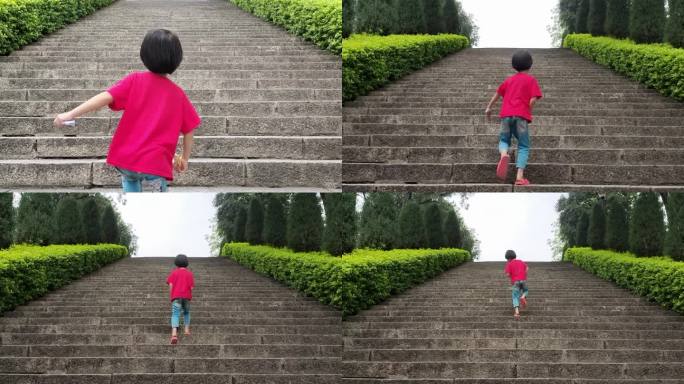 红衣小女孩增上石台阶小孩子上石台阶