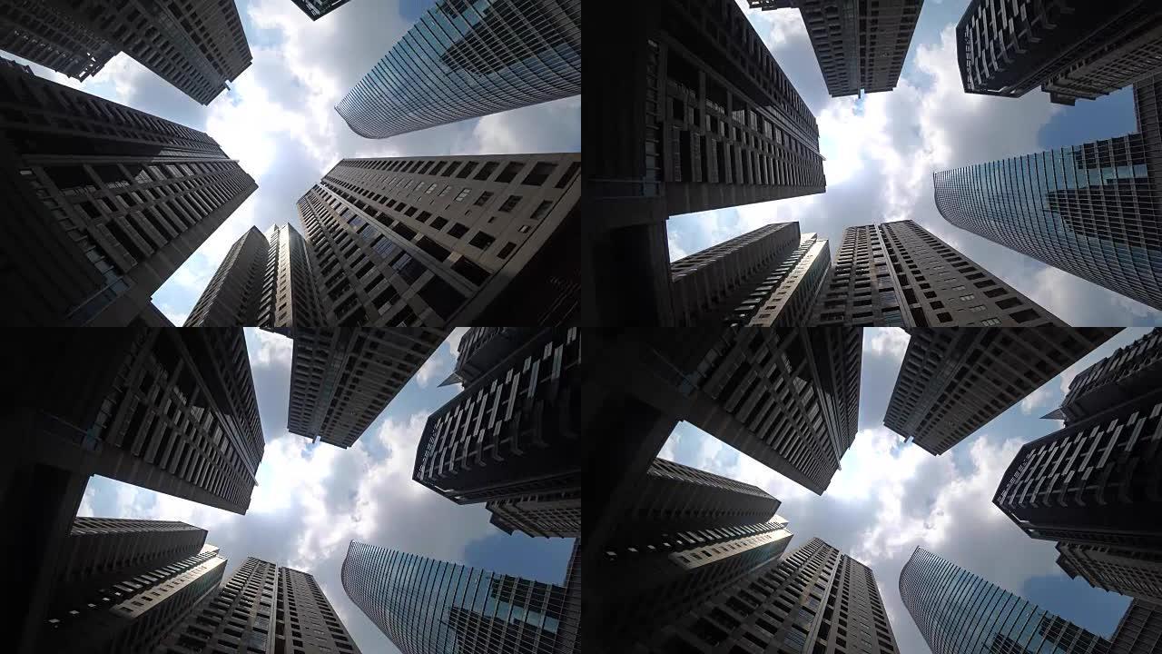 当代建筑。办公楼。城市景观。向上看。在亚洲。用gopro拍摄。