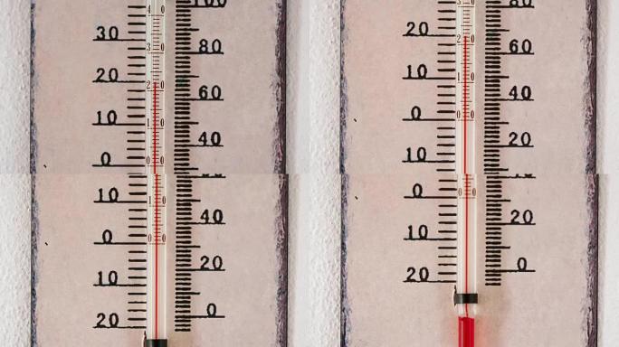 在温度计上缩放。墙上有摄氏和华氏刻度的温度计。夏季的温度计显示温度为22摄氏度。