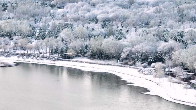 大同文瀛湖雪景风光航拍