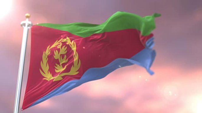 厄立特里亚国旗在日落时以缓慢的循环在风中挥舞