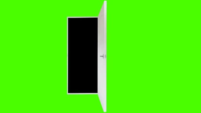真正的白色门打开并放大绿色背景。孤立的绿色屏幕