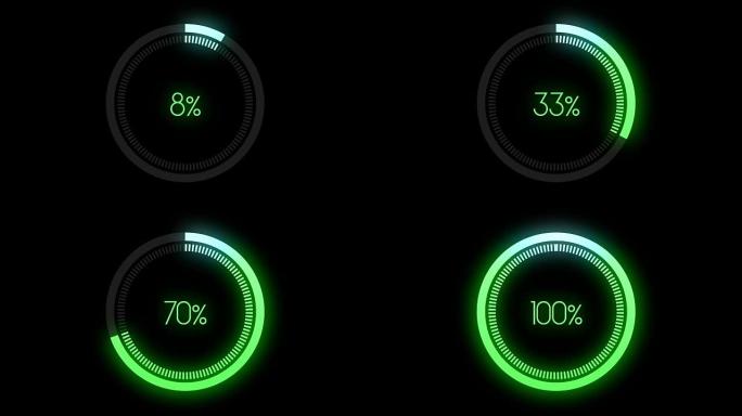 加载传输下载动画0-100% 在绿色科学圈的效果。