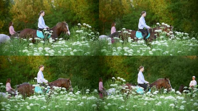 日落时骑着马穿过草地的年轻妇女