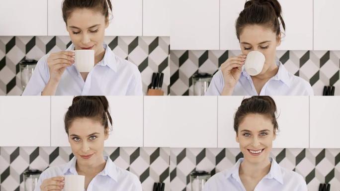 女人在厨房里喝咖啡或茶的肖像