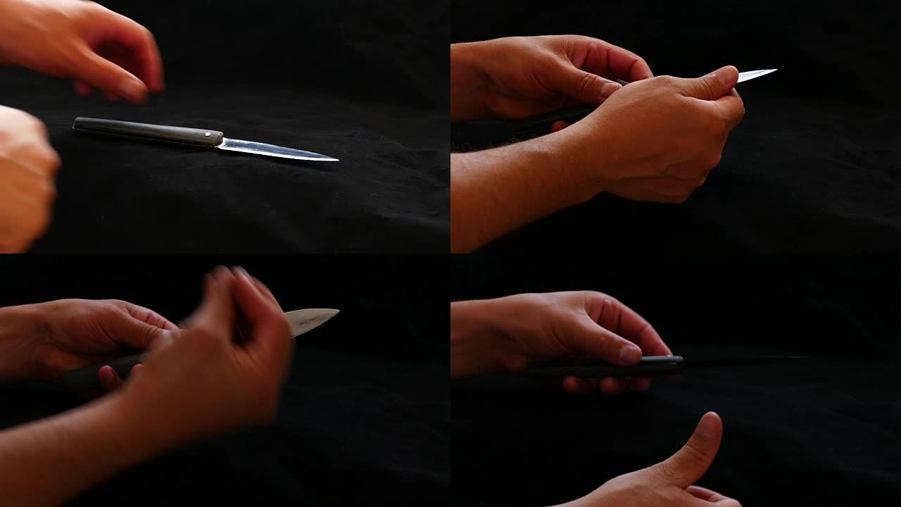 一把特殊的土耳其刀。在黑色地板上测试刀片的锋利程度。