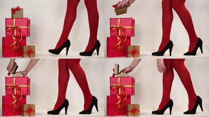 穿高跟鞋的女人打开圣诞礼物4K