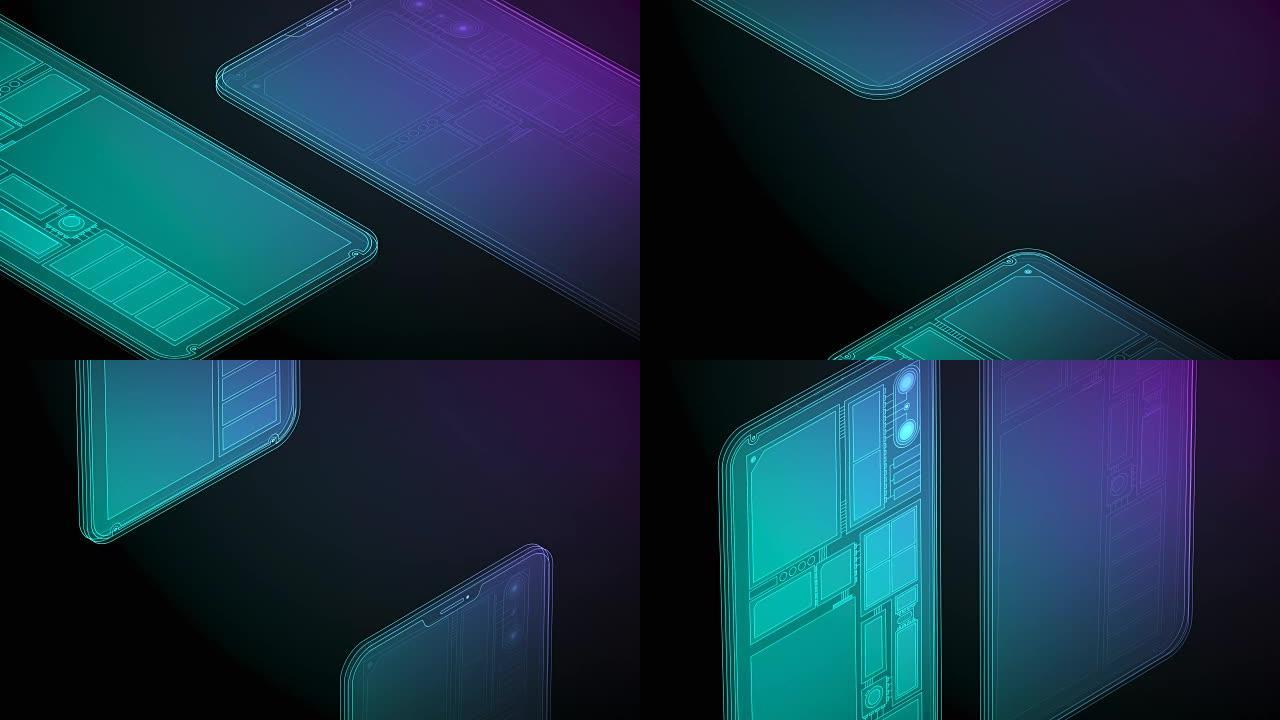 3D等距虚拟透明度显示智能手机移动的内部，蓝色和紫色梯度背景上的数字技术概念设计，带复制空间的无缝循